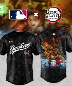 Demon Slayer X New York Yankees Comic Style Baseball Jersey 2025 | Black Edition