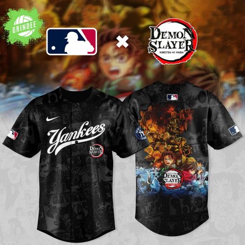 Demon Slayer X New York Yankees Comic Style Baseball Jersey 2025 | Black Edition