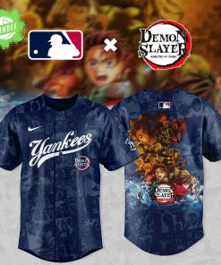 Demon Slayer X New York Yankees Comic Style Baseball Jersey 2025 | Blue Edition