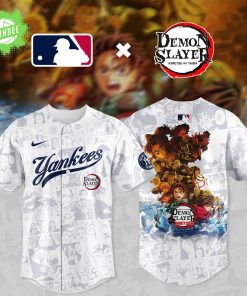 Demon Slayer X New York Yankees Comic Style Baseball Jersey 2025 | White Edition