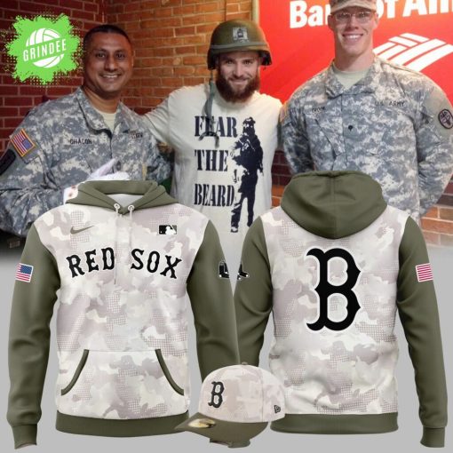 Boston Red Sox 2025 Armed Forces Day Hoodie – Beige/Olive Camo Tribute