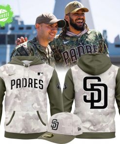 San Diego Padres Armed Forces Day Hoodie 2025 – Beige/Olive Camo Tribute