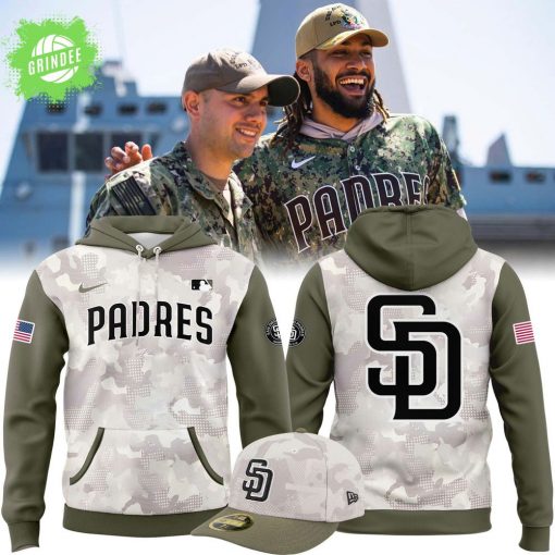 San Diego Padres Armed Forces Day Hoodie 2025 – Beige/Olive Camo Tribute