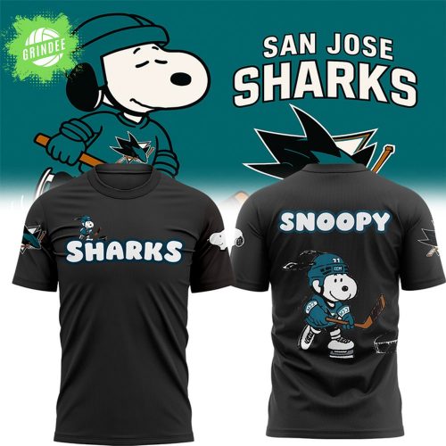 San Jose Sharks x Snoopy Black T-Shirt 2025 Limited Edition – Exclusive Peanuts x Hockey Tee