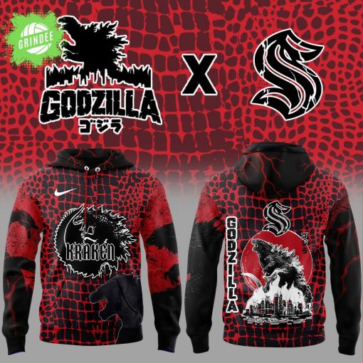 Seattle Kraken x Godzilla Red Hoodie 2025 – Special Edition Kaiju Apparel