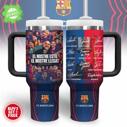 FC Barcelona Travel Mug – 2024-25 Champions Cup Design with Player Signatures