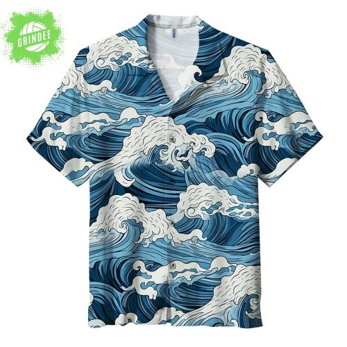Great Wave Japanese Ocean Print Hawaiian Shirt – Summer Beach Button-Up