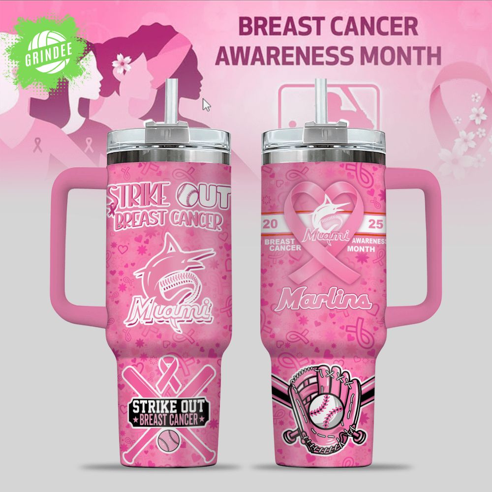 Miami Marlins Breast Cancer Awareness Tumbler With Handle Miami Marlins Breast Cancer Awareness Tumbler With Handle