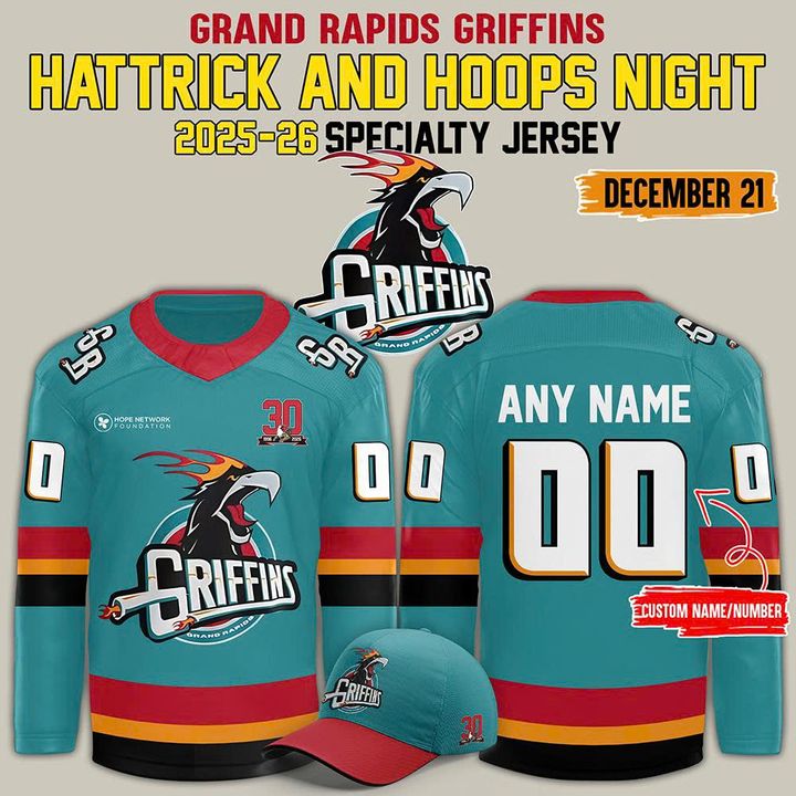 Limited Edition Grand Rapids Griffins Hattrick and Hoops Night Jersey Limited Edition Grand Rapids Griffins Hattrick and Hoops Night Jersey